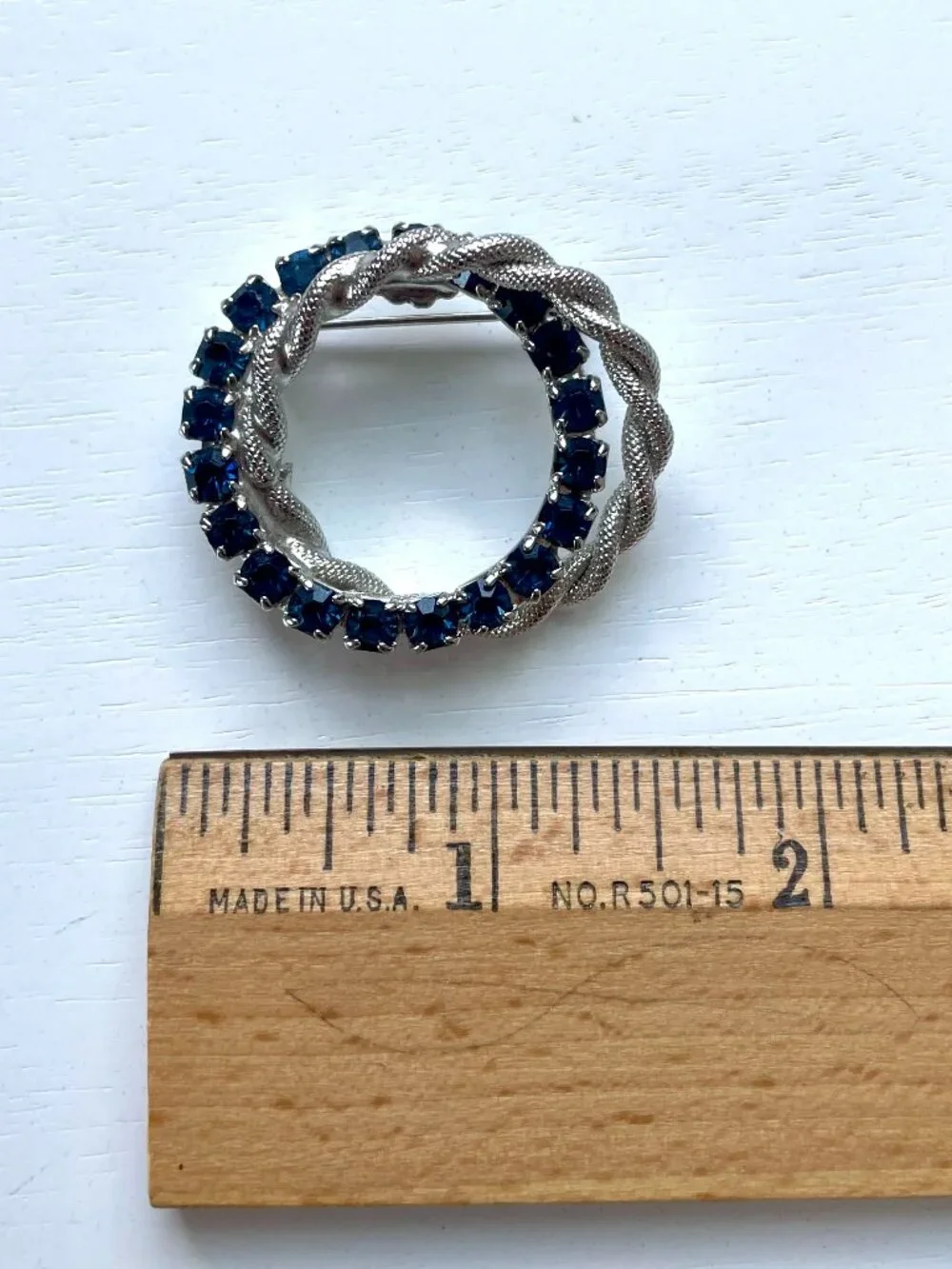 Vintage Double Circle Silver-Tone & Blue Rhinestone Brooch